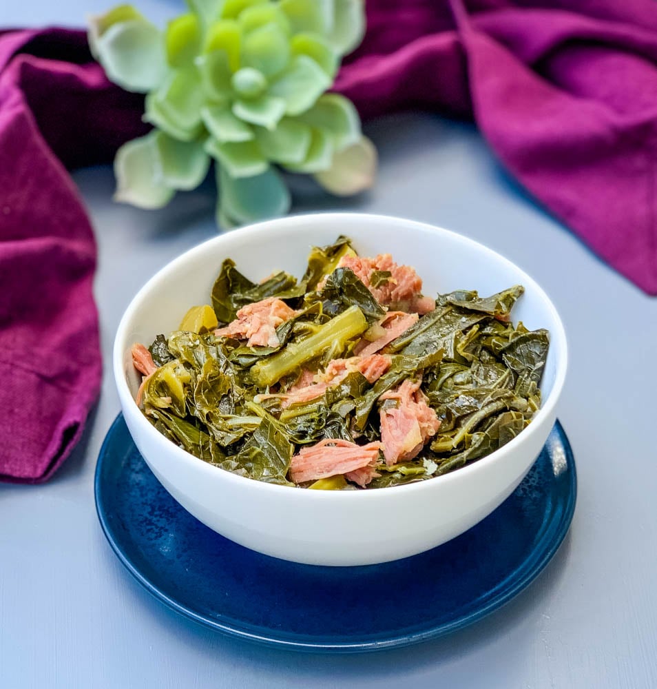 image of collard greens in a white bowl