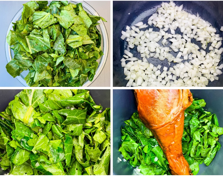 collage photo of raw collard greens in a glass bowl, onions cooking in an Instant Pot, and raw collard greens and a smoked turkey leg in an Instant Pot