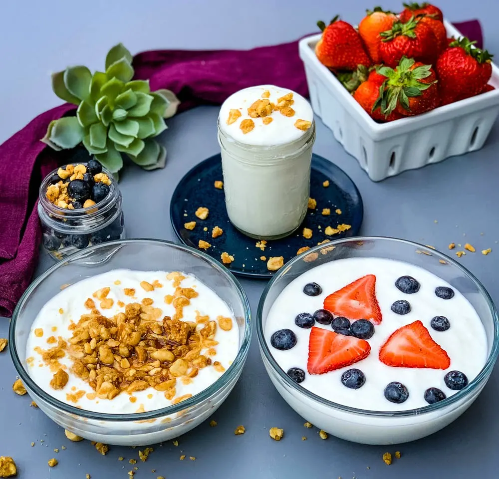 2 bowls of instant pot homemade yogurt with granola and fresh fruit