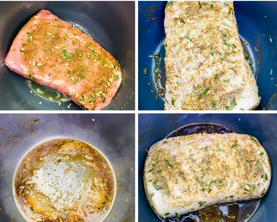 collage photo of raw pork loin being cooked in an Instant Pot