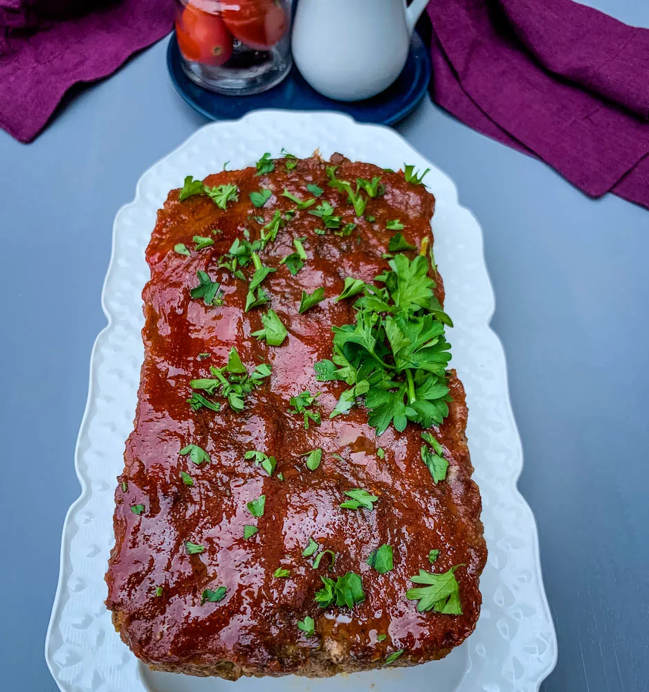 keto low carb meatloaf on a white serving plate