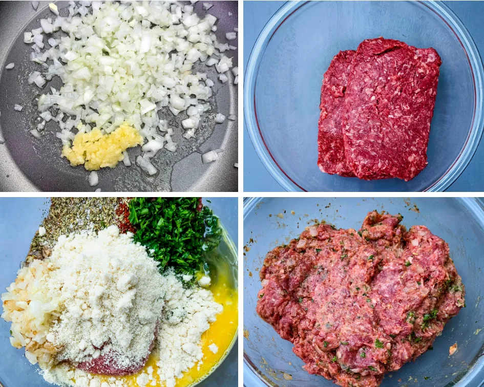 collage photo of 4 different photos with sauteed onions, raw ground beef in a glass bowl, and raw ground beef mixed with meatloaf ingredients