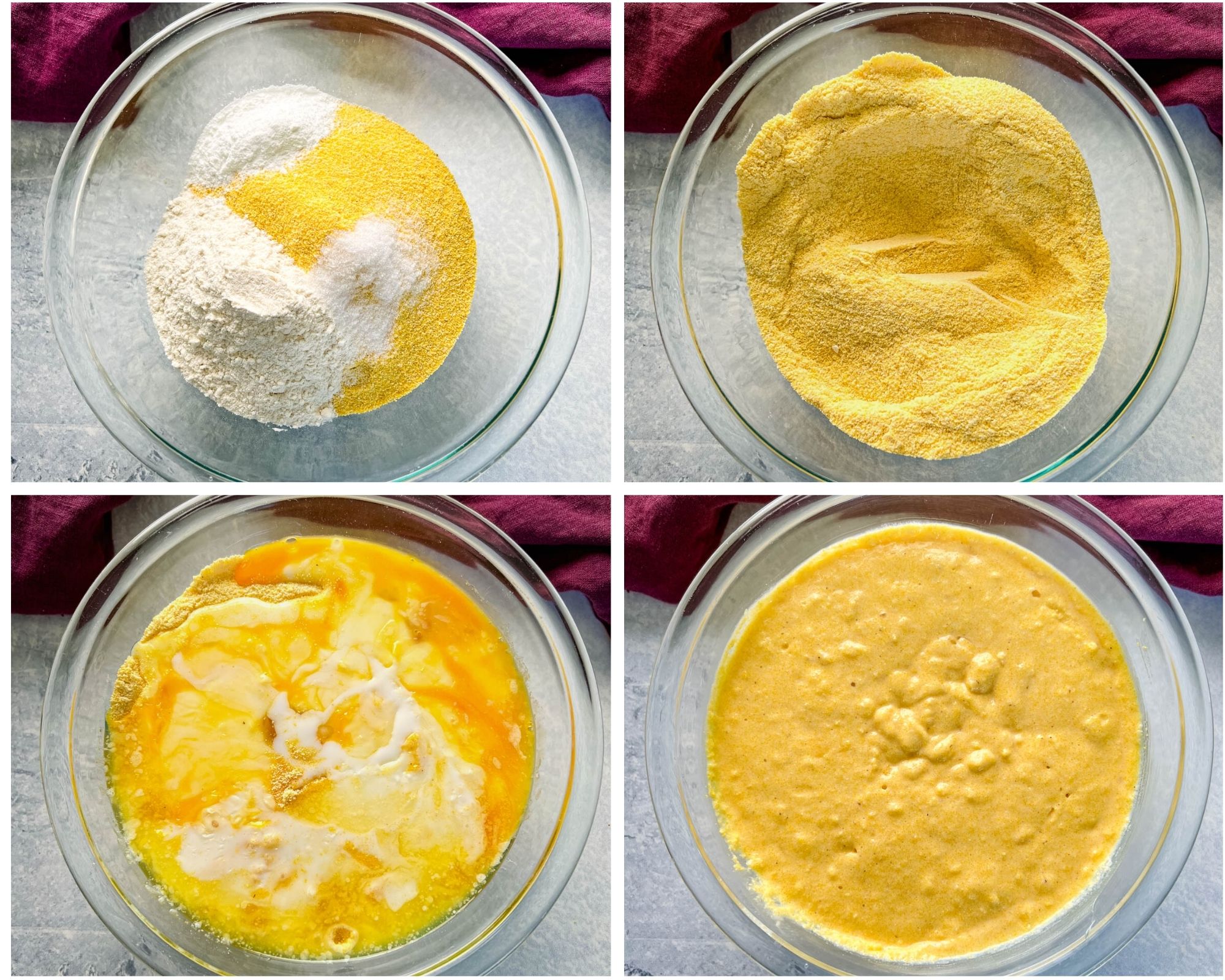 collage photos of a greased wedge pan skillet, cornmeal in a mixing bowl, and cornbread batter in a mixing bowl