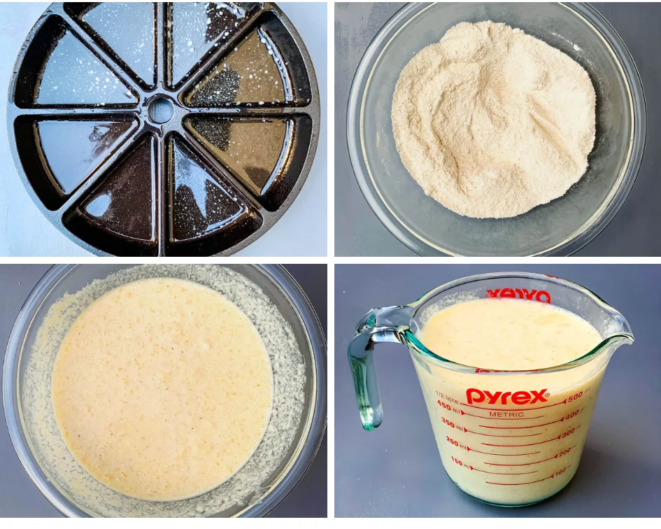 collage photos of a greased wedge pan skillet, cornmeal in a mixing bowl, and cornbread batter in a mixing bowl