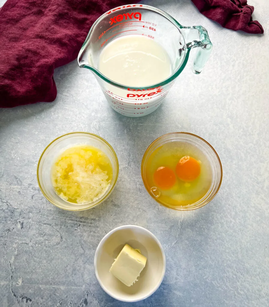 buttermilk, egg, and butter in separate bowls