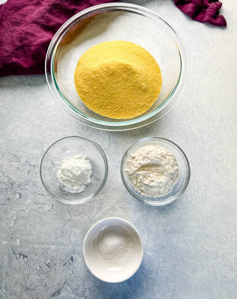 cornmeal, flour, baking powder, and salt in separate bowls