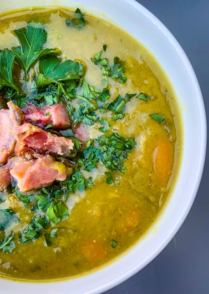 instant pot split pea soup in a white bowl