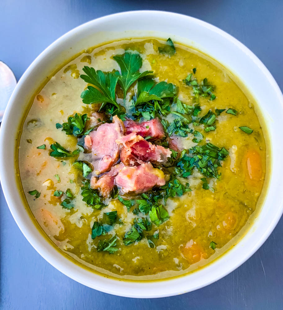 instant pot split pea soup in a white bowl