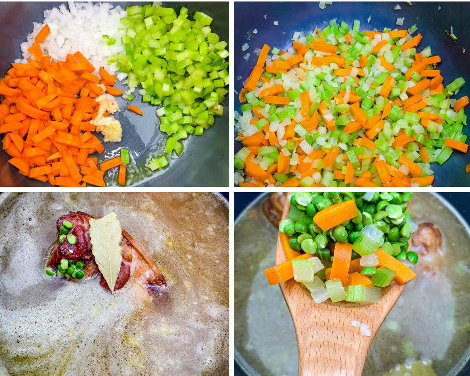 collage photo of 4 photos with carrots, onions, and celery in an Instant Pot and chicken broth in an Instant Pot