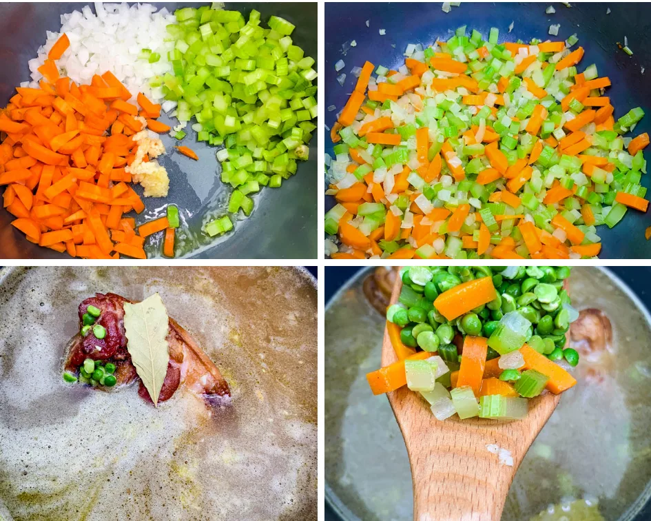 collage photo of 4 photos with carrots, onions, and celery in an Instant Pot and chicken broth in an Instant Pot