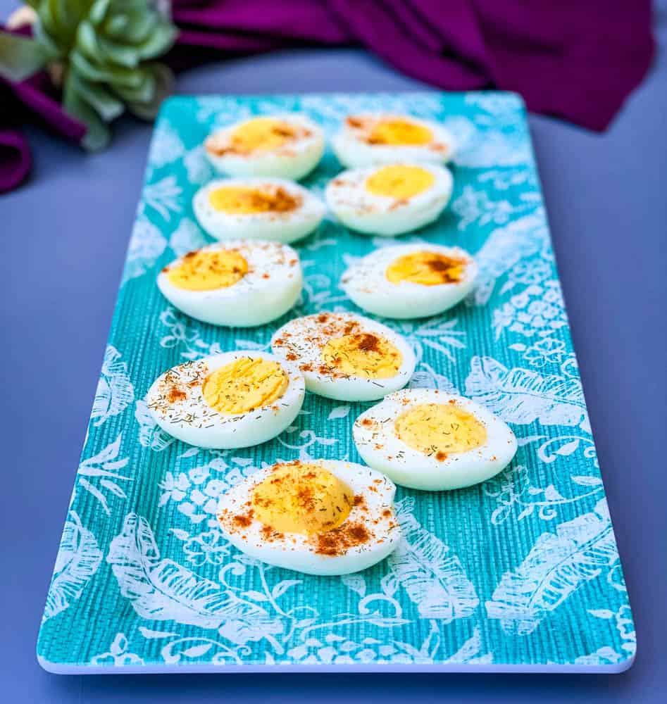 air fryer hard boiled eggs on a blue plate