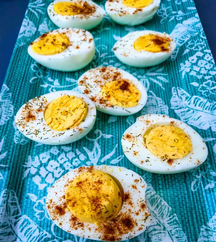 air fryer hard boiled eggs on a blue plate