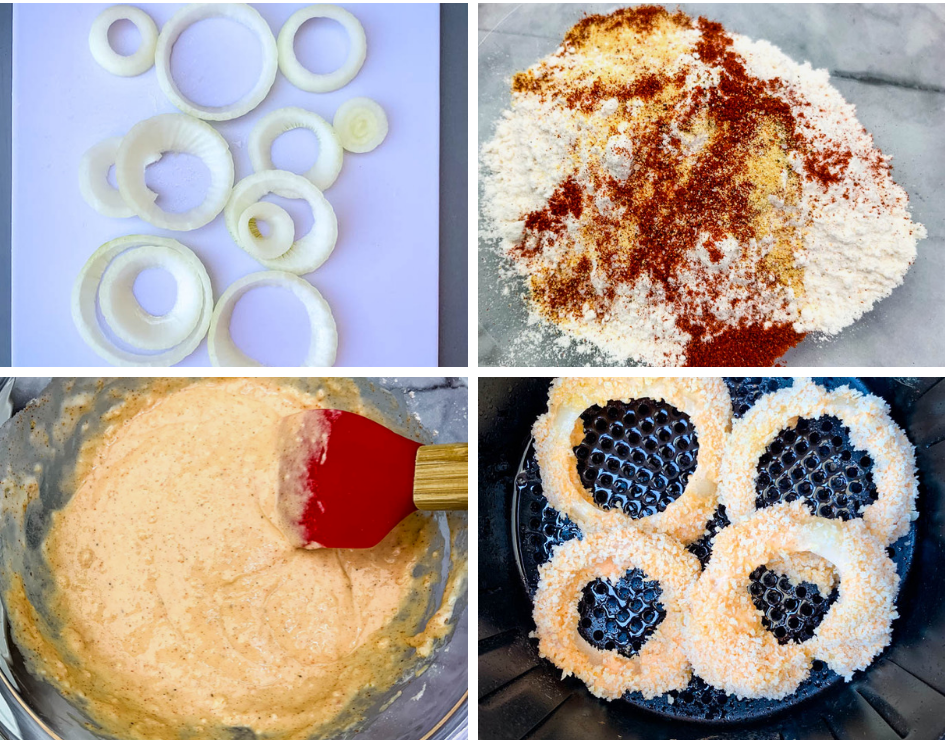 collage photo of sliced onions, onion ring batter, and uncooked onions in an air fryer