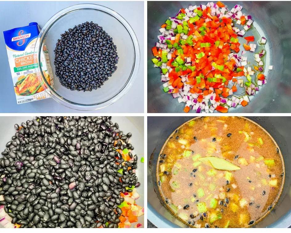 collage photo of dried black beans, onions and red peppers in an instant pot, and uncooked black bean soup