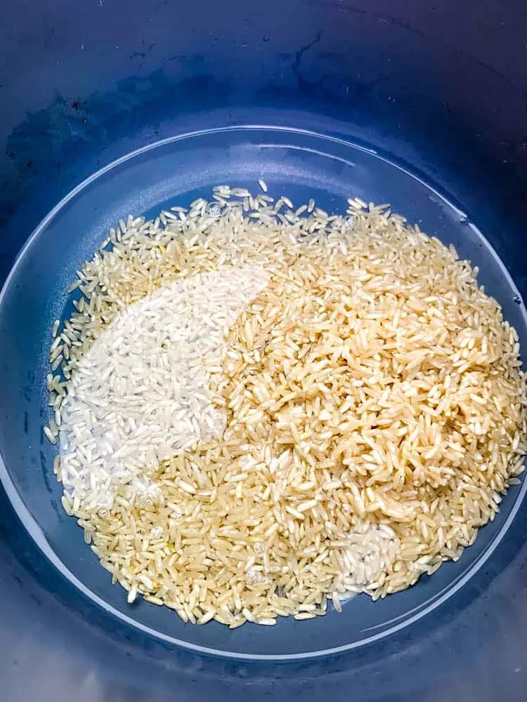 water and dry brown rice in an Instant Pot