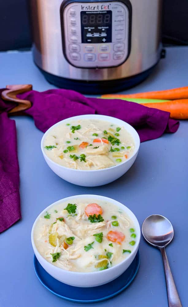 instant pot chicken and dumplings from scratch in a white bowl