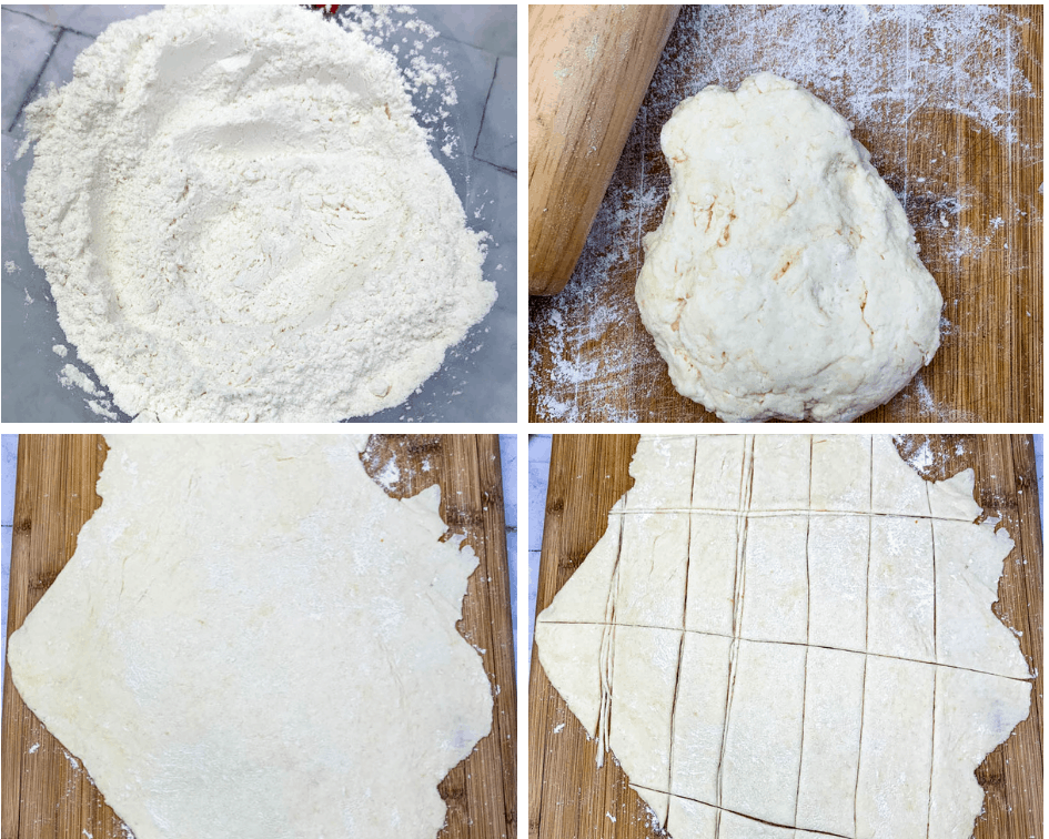 collage photo of homemade dumplings from scratch on a cutting board with a rolling pin