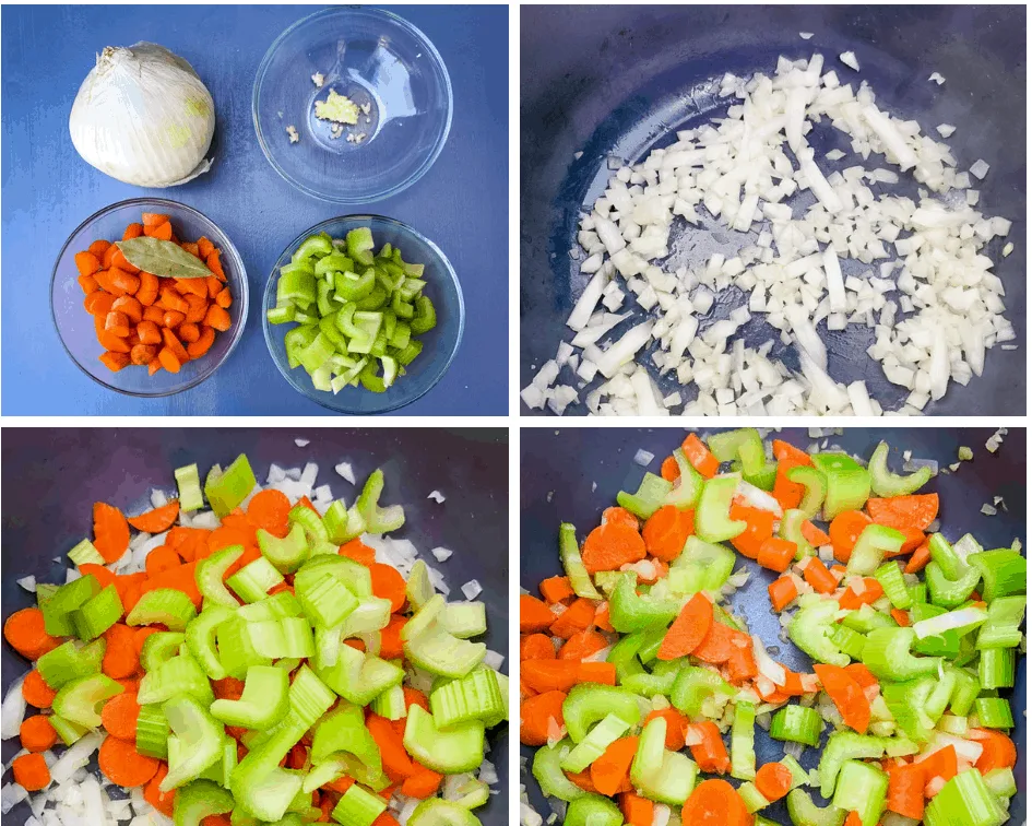 collage photo of carrots, onions, and celery being cooked in an Instant Pot