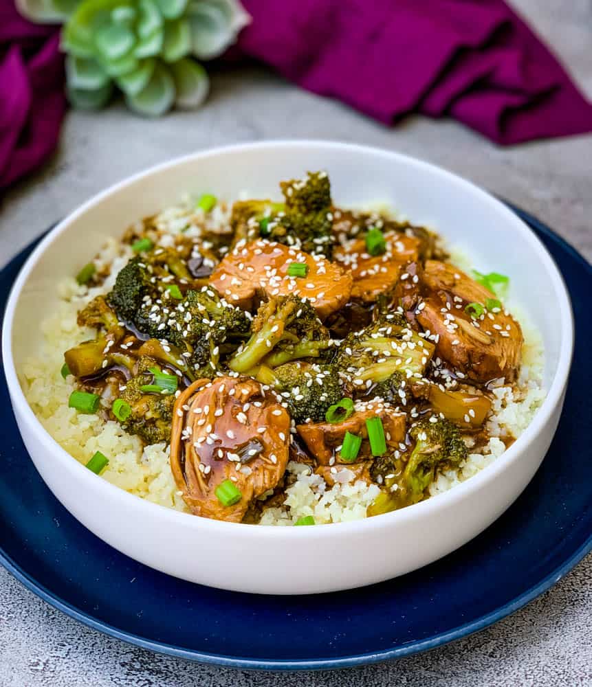 Instant Pot teriyaki chicken in a white bowl