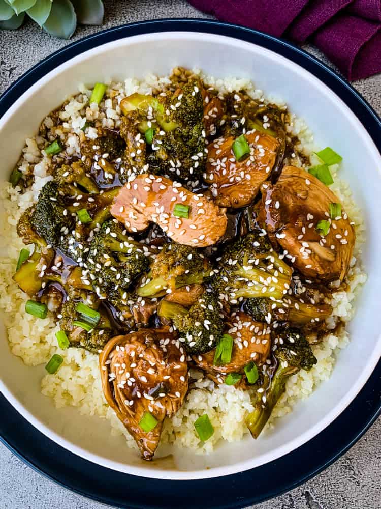 Instant Pot teriyaki chicken in a white bowl