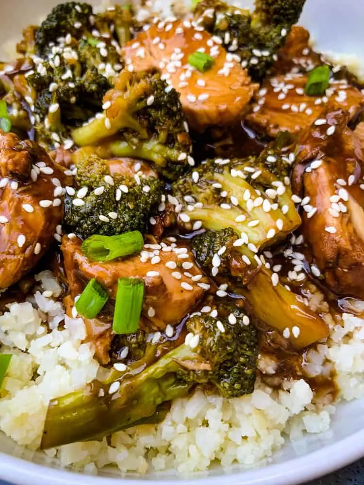 Instant Pot teriyaki chicken in a white bowl