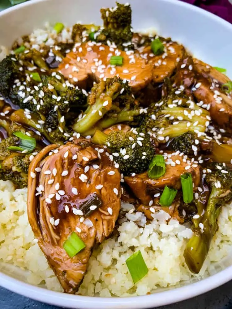 Instant Pot teriyaki chicken in a white bowl