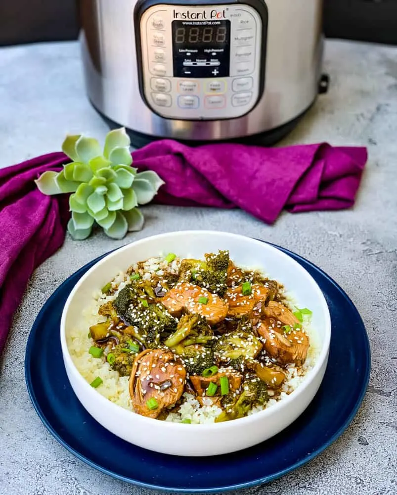 Instant Pot teriyaki chicken in a white bowl