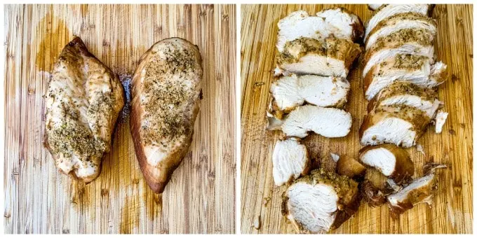 cooked and sliced chicken breasts on a bamboo cutting board