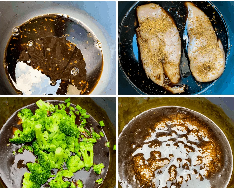 a collage photo of chicken breasts and broccoli with teriyaki sauce in an Instant Pot