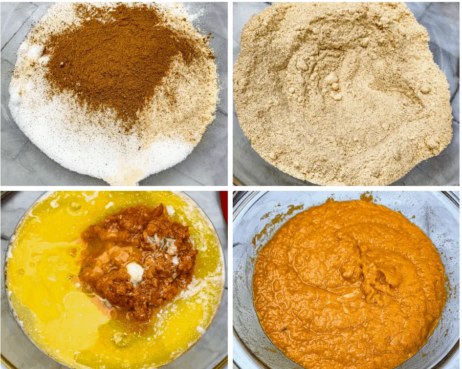 collage photo of keto low carb pumpkin batter in glass bowls