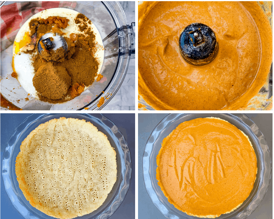 collage photo of keto low carb pumpkin puree in food processor