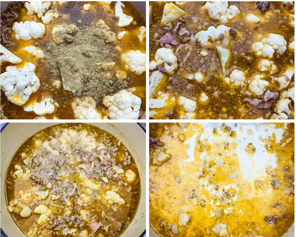 collage photo showing the process of cooking keto low carb zuppa toscana soup in a Dutch oven