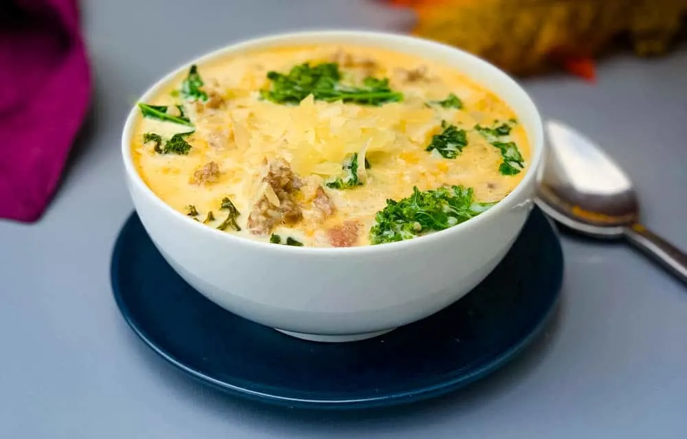 keto low carb zuppa toscana soup in a white bowl