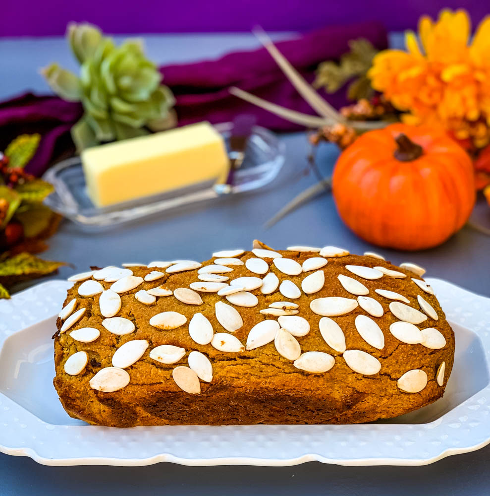 keto low carb pumpkin bread on a white plate