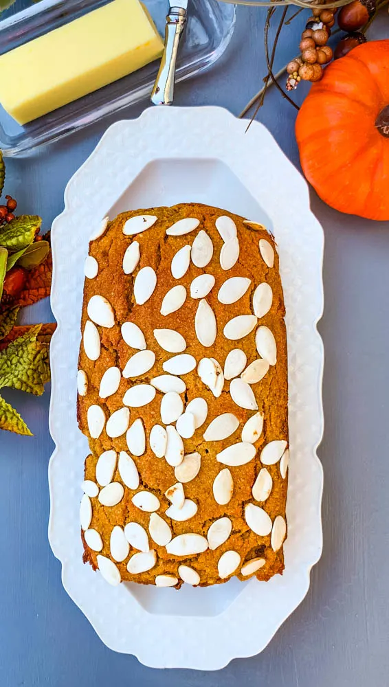 keto low carb pumpkin bread on a white plate