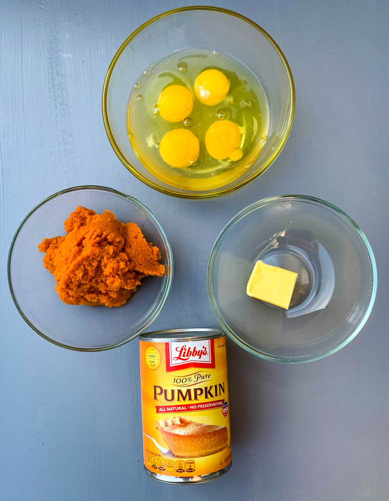 4 eggs, pureed pumpkin, and butter in separate bowls