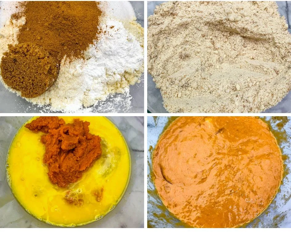collage photo of flour and pumpkin puree in a glass mixing bowl