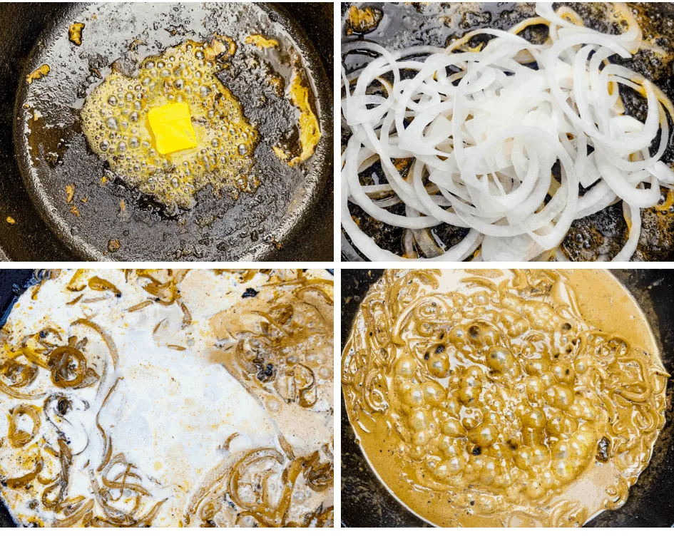 collage photo of butter melted in a cast iron skillet with onions and gravy