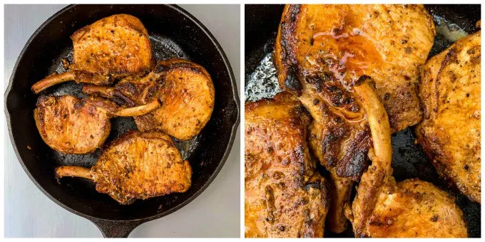 collage photo of keto pork loin chops in a cast iron skillet