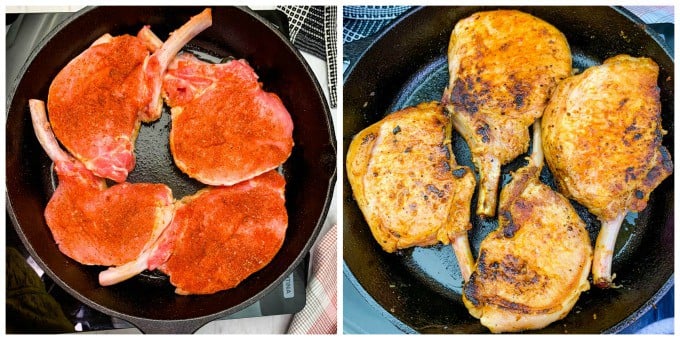 collage photo of pork loin chops cooking in a cast iron skillet