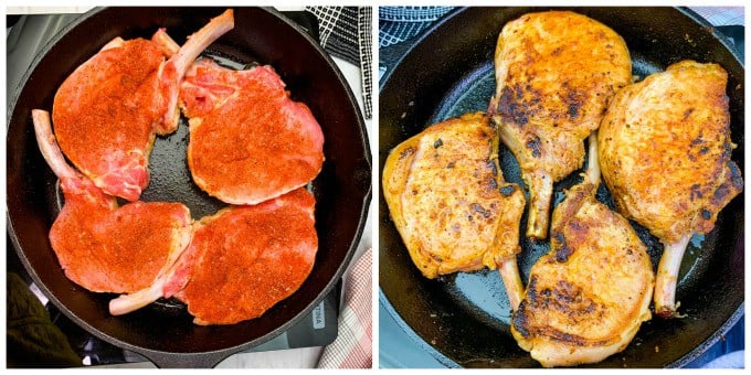 colagem de fotos de lombo de porco costeletas de cozinhar em uma frigideira de ferro fundido