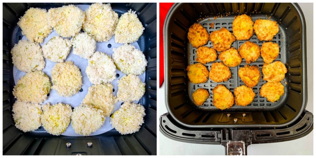 breaded pickles in an air fryer basket