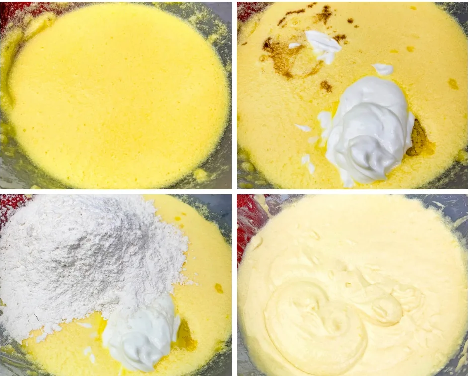 collage photo of 4 photos of air fryer cake batter