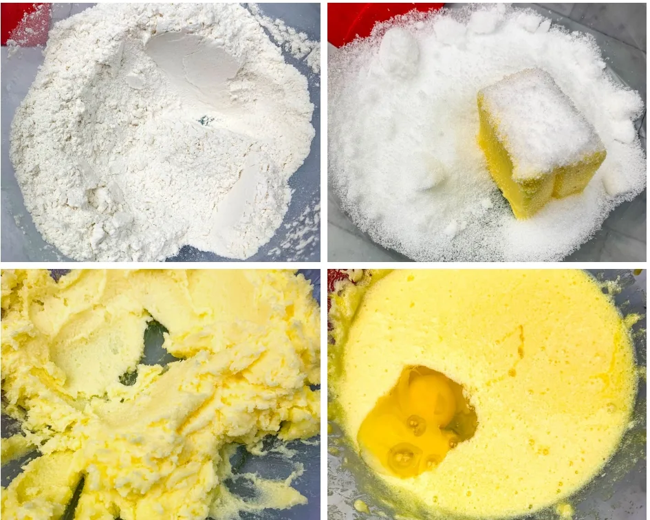 collage photo of 4 separate photos of air fryer cake batter in a glass bowl