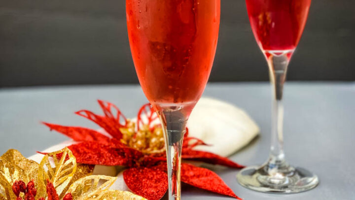 cranberry champagne mimosa in a glass with fresh cranberries