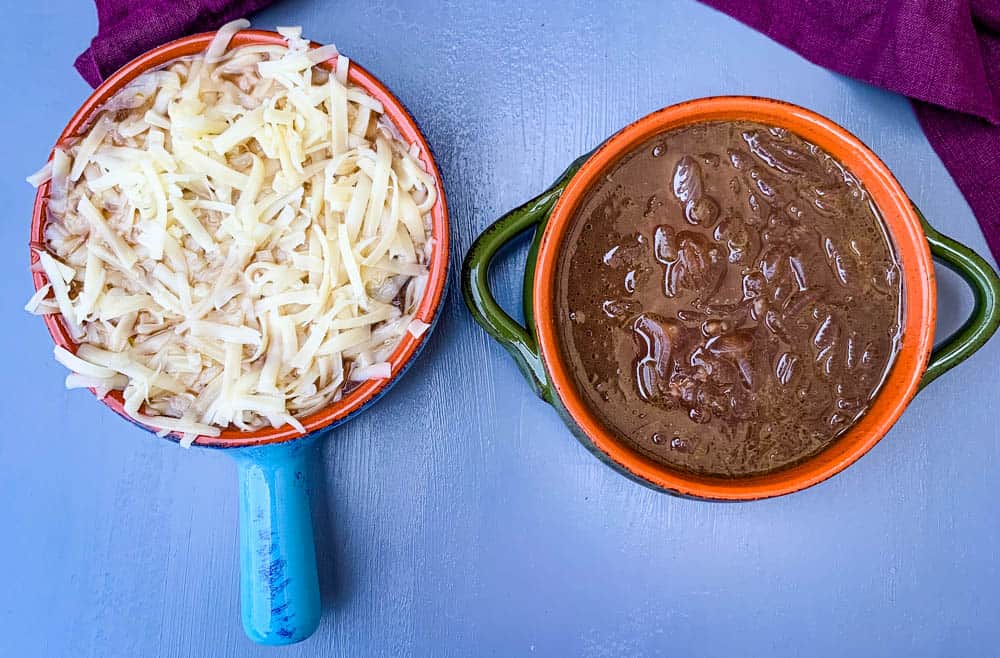 Instant Pot French onion soup in a bowl with cheese