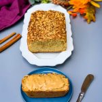 keto low carb zucchini bread on a white plate and a slice of zucchini bread on a blue plate with almond butter