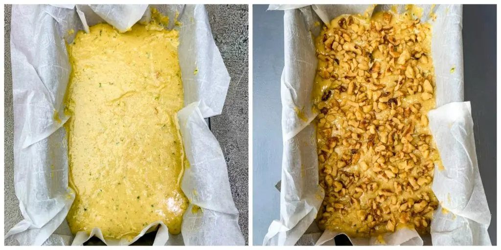 batter for keto zucchini bread with nuts in a loaf pan