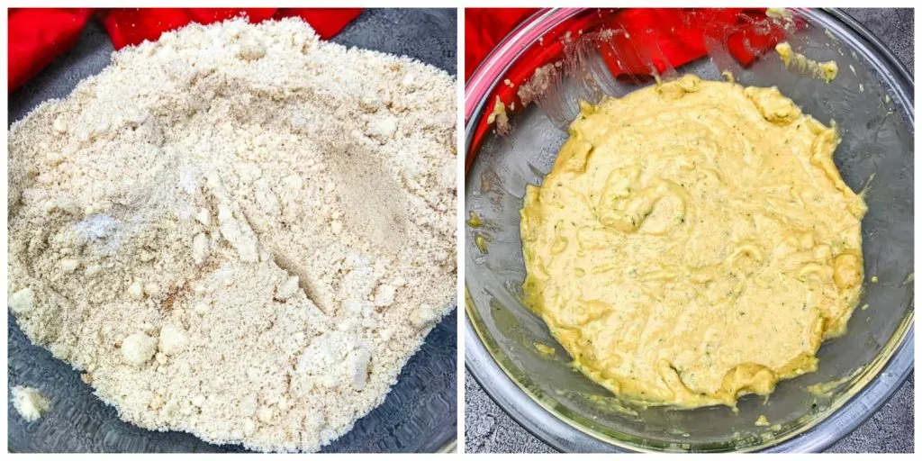 dry and wet batter for keto zucchini bread in glass bowls