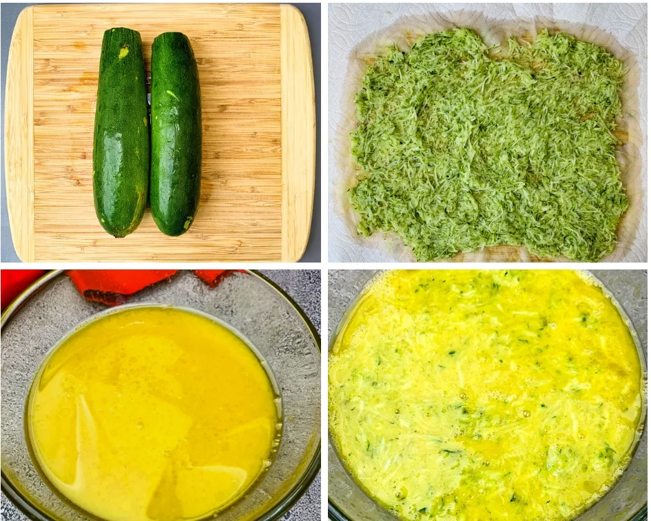 collage photo with 4 photos of fresh zucchini and wet batter